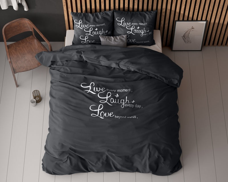 Posteljnina Live, laugh and love siva